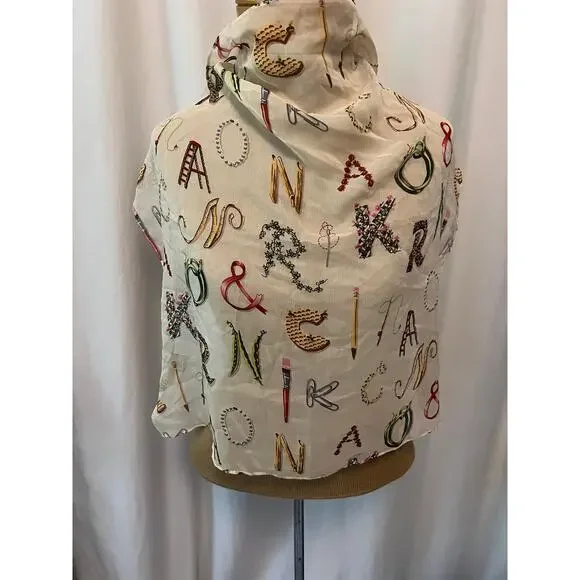 Vintage Nick & Nora silk scarf alphabet letters semi sheer neck wrap head cover - Picture 2 of 6